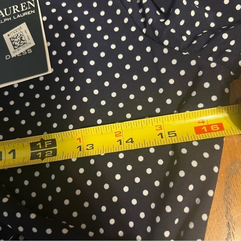 NEW Ralph Lauren Faux Wrap Ruched Jersey Knit Polka Dot Midi Dress in Navy Sz 6